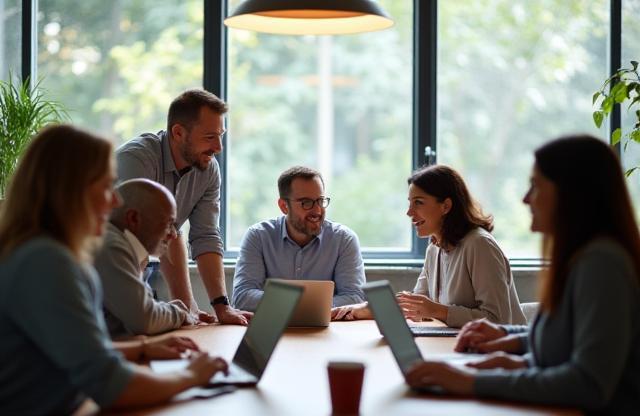 Mid-career adults collaborating in a modern workspace